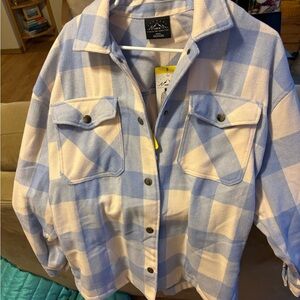 Blue and White Plaid Button-Up Jacket